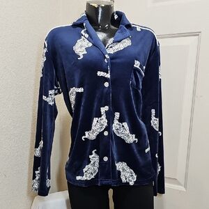 Como Sleep Navy Blue Velvet Button-Up Shirt with White Tiger Print